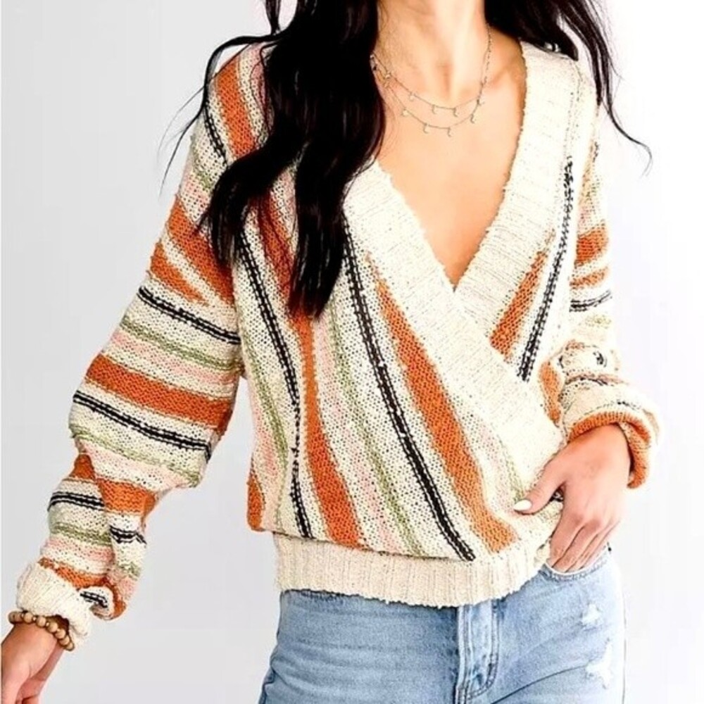 Billabong Bring It Together Surplice Sweater Colorful Striped Large Fall Colors